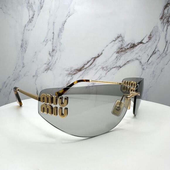 New MIU MIU Logo Sunglasses 2025 Runway Gold Slim Skinny Wrap Rimless Italy - Picture 3 of 16